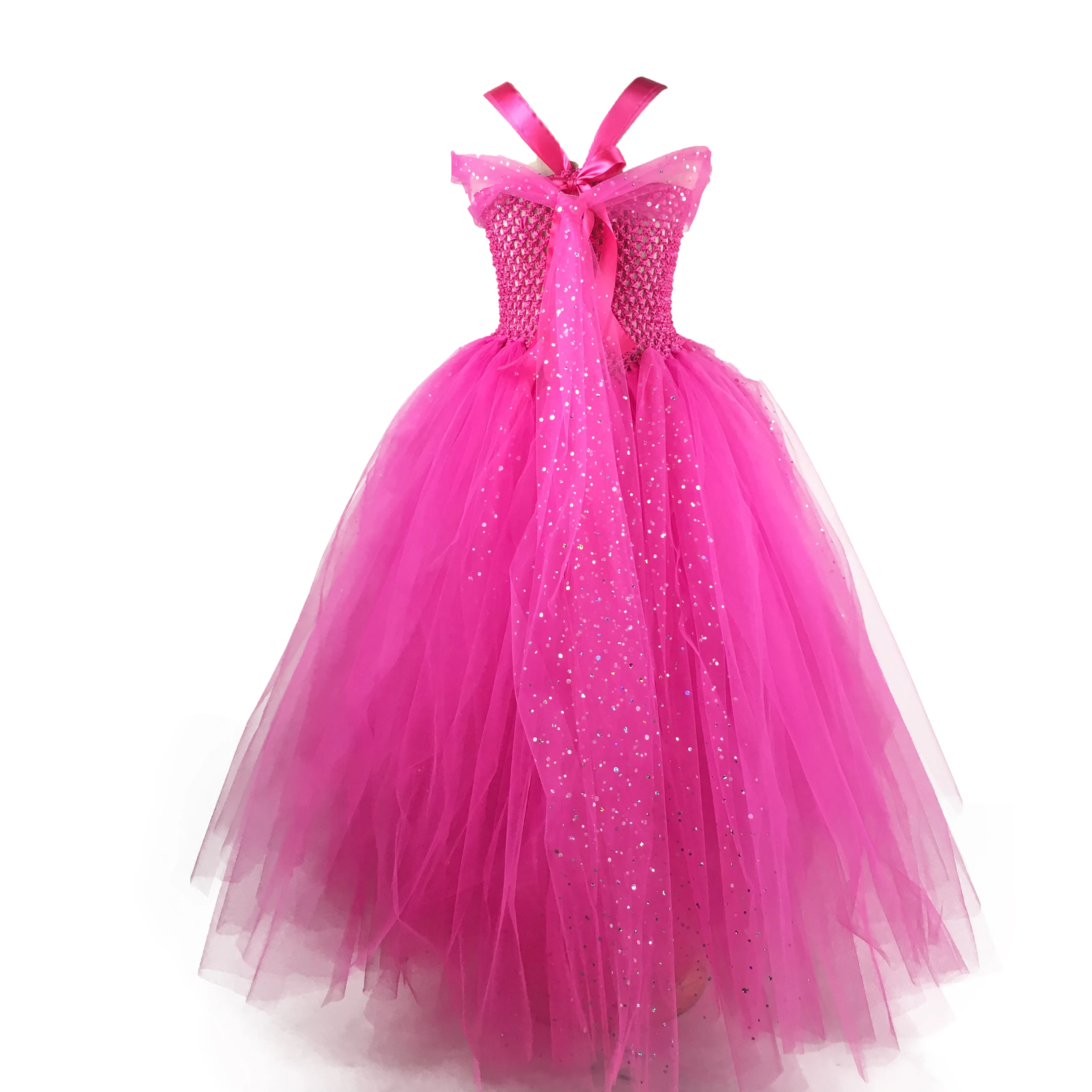 Girls Pink Glitter Tulle Tutu Dress Kids Crochet Evening Strap Dress Ball Gown Children Party Banquet Costumes Sparkle Dresses