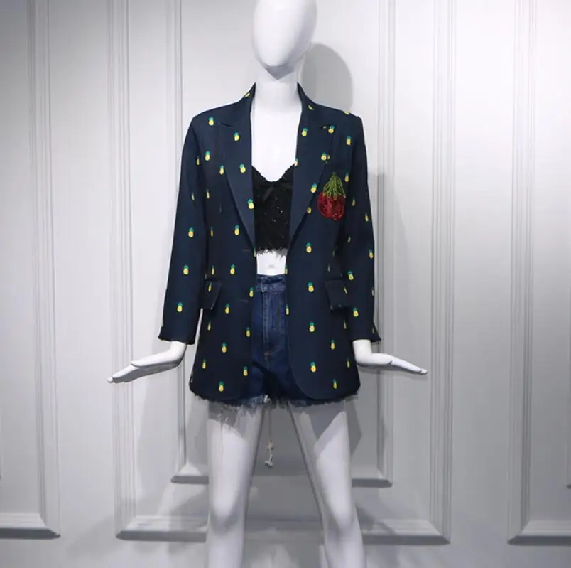 Cherry sequin embroideren small suit women notched small fragrance pineapple printed blazer