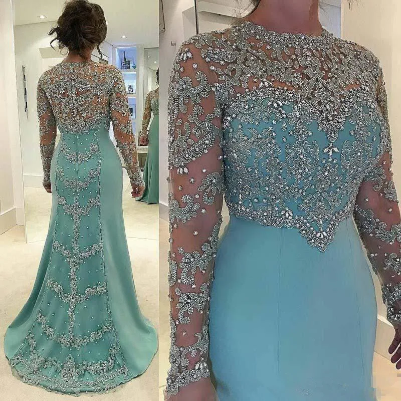 Rhinestones Beaded Appliques Mother of the Bride Dresses Mint Green Mermaid Wedding Dress Sparkly Long Sleeve Formal Party Gowns