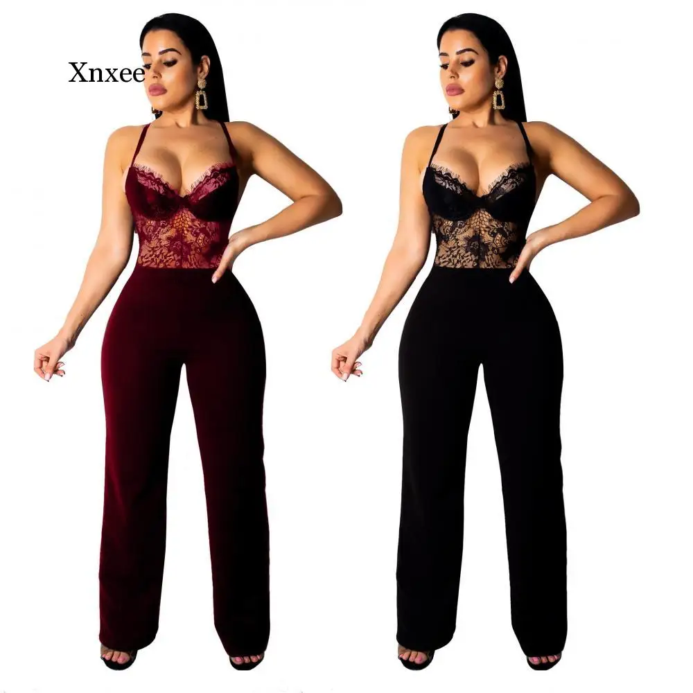 Vintage Sexy Lace Perspective V Neck Straight Rompers Slim Bodysuit Women Elegant Lady Casual Jumpsuit Overalls Trousers