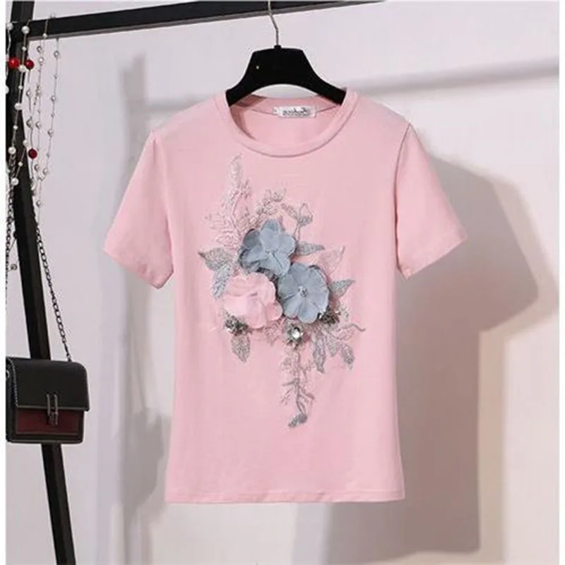 Summer Women 2 Piece Sets Embroidery 3D Flower T-shirt +Denim Skirt Sets Vintage Beading Heavy Work Skirts WOmen Outfit 3XL Y716