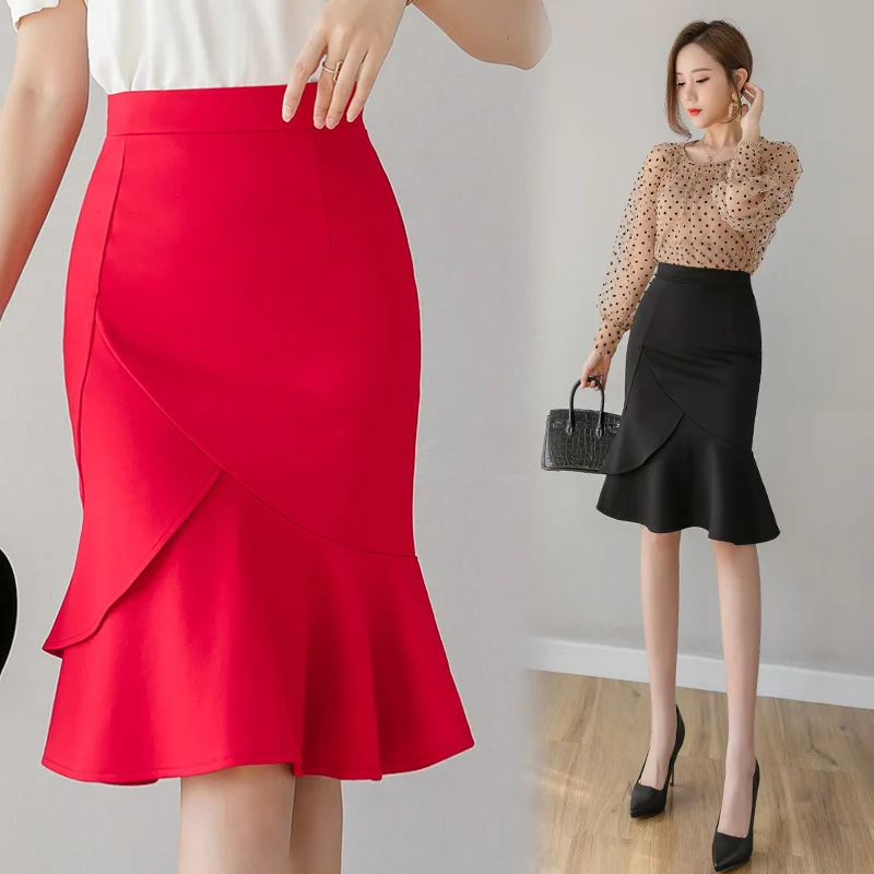 

2020 Spring New Women Formal Midi Skirt Female Elegant High Waist Package Hip Skirt Black/Red Office Lady Fishtail Skirts