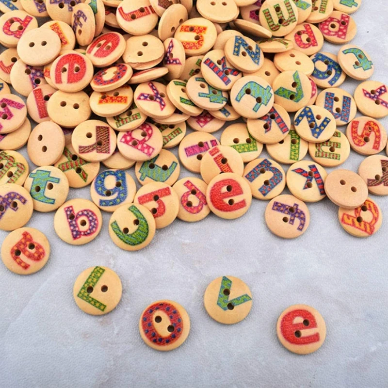 100Pcs 15mm 2-Hole Mixed Round Shaped Alphabet Painted Log Wooden Button Sewing DIY Scrapbooking Clothe Buttons