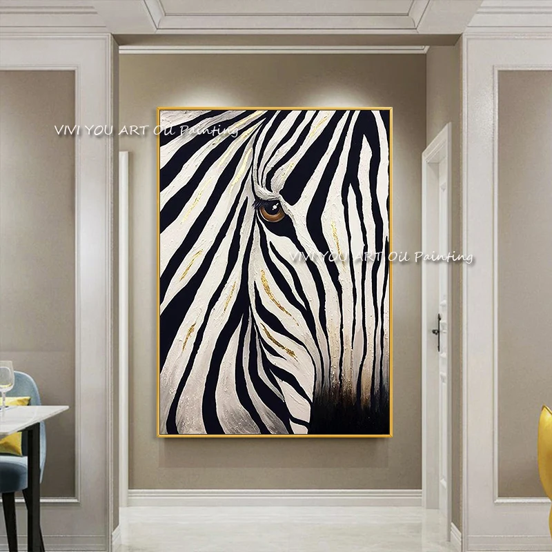 Imagem -05 - Abstrato Moderno Decoração da Casa Parede Arte Imagem 100 Artesanal Animal Pintura a Óleo da Lona Preto Branco Zebra Pinturas