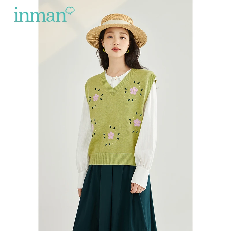 

INMAN Women's Sweater Spring Autumn Sweet Literary V-neck Embroidered Loose All-match Knitted Pullover Vest