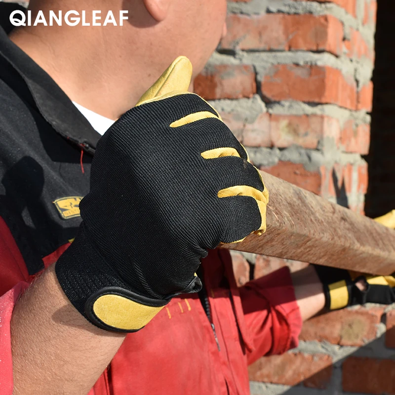 QIANGLEAF Brand New Protection Safety Glove Cowhide men yellow Leather Driver Security Protection Racing Moto Work Gloves 508NP