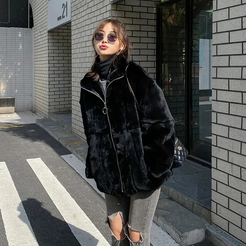 

Korean Fashion Loose Short Faux Fur Jacket Women Winter Stand Collar Solid Soft Faux Rabbit Fur Coat Thick Warm Harajuku Outwear