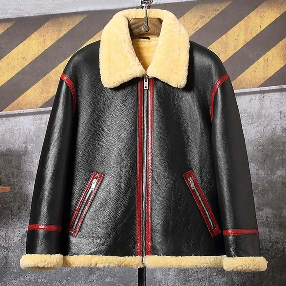 Denny&Dora New Shearling Coat Mens B3 Bomber Jacket Black Leather Motorcycle Overcoat Sheepskin Outerwear