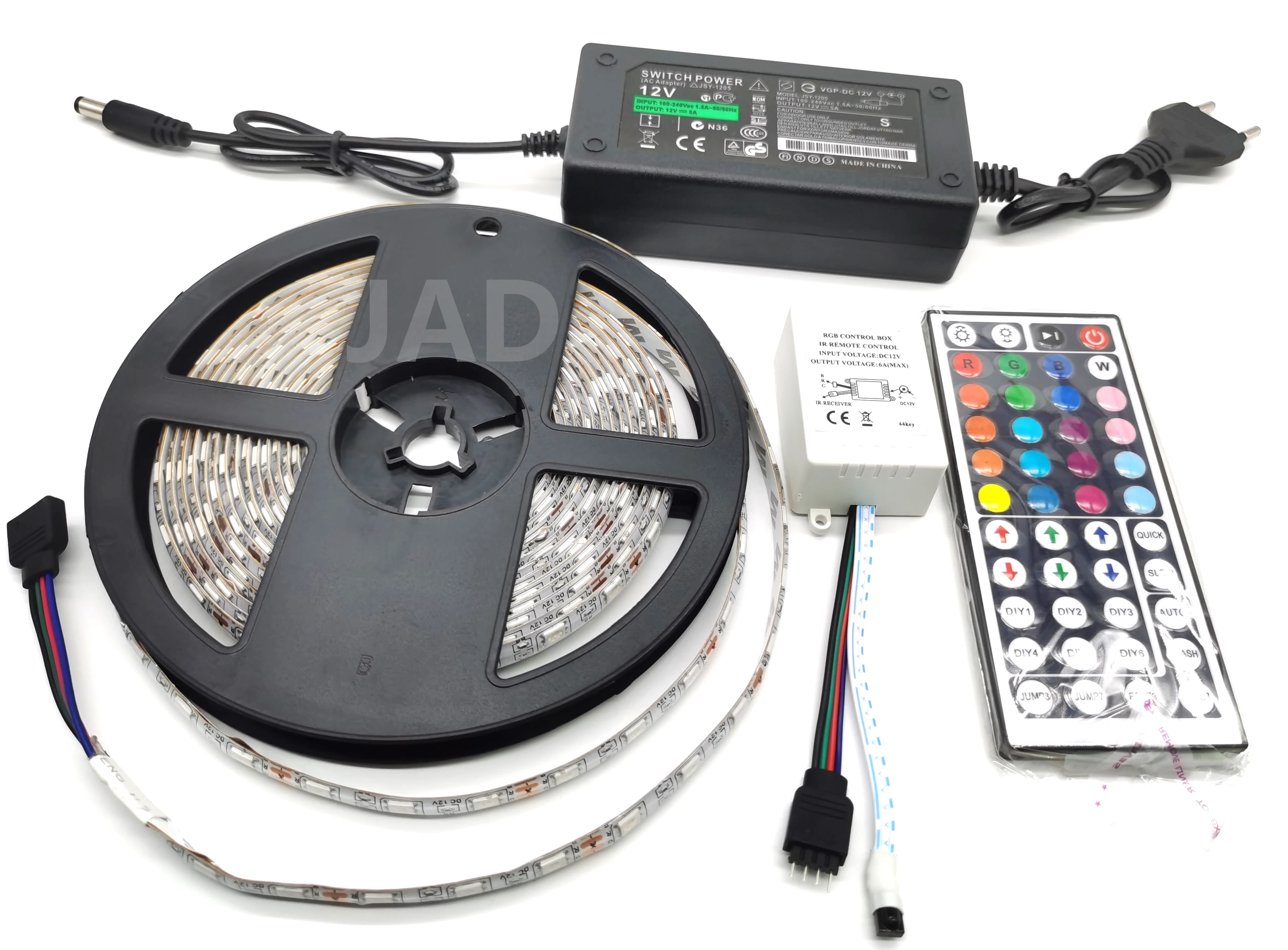 LED Stip Kit DC12V RGB LED Strip 5M Waterproof Flexible Rope Light 5050 60LED/m,24/44Key Remote Controller and 3/5A Power Supply