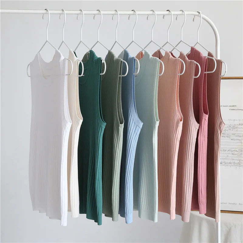 Summer Sleeveless Knitted Women Tank Tops Round Neck Ice Beaded Material Thin Candy Color Slim Knitted T-shirt Solid Basic Tops