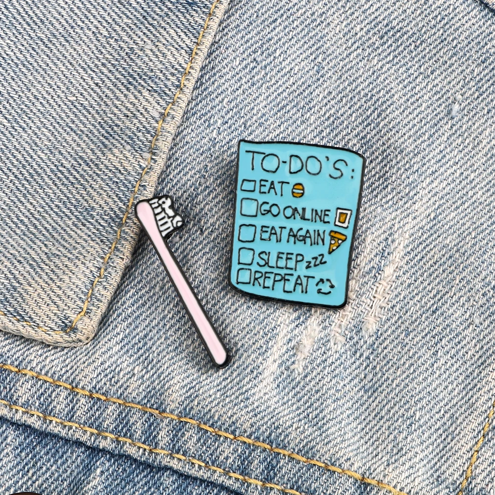 Trendy Toothbrush Enamel Pin Cute Custom Repeat to do’s List Lapel Brooches Bag Shirt Cartoon Badge Jewelry For Kid Friends Gift