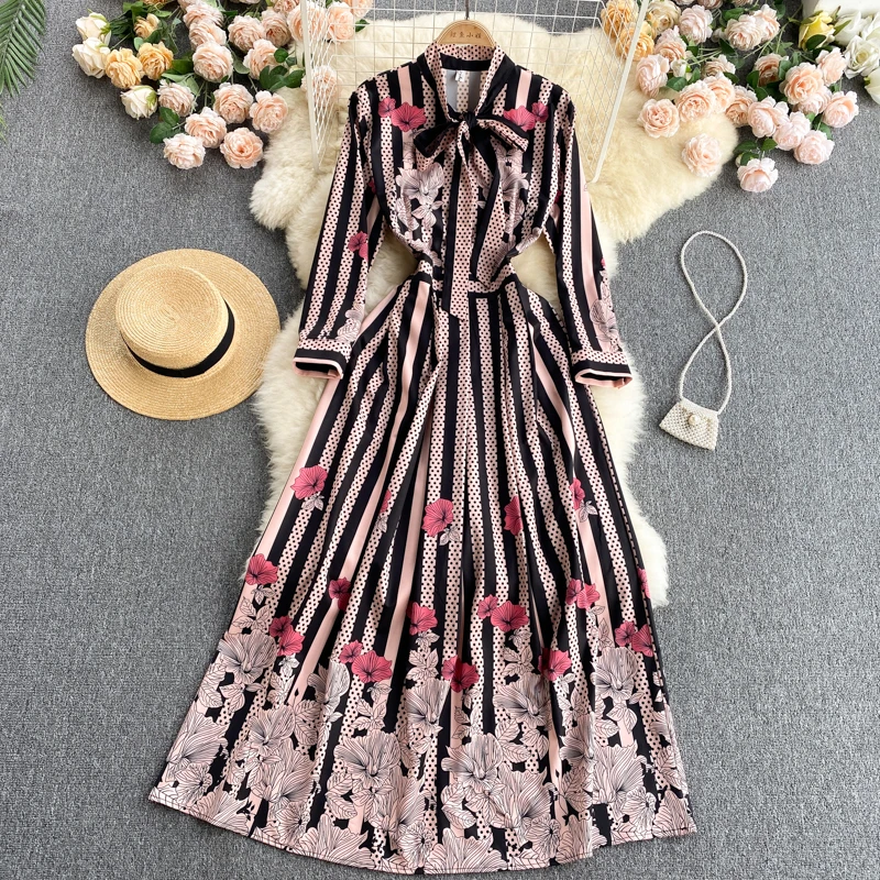 Autumn Fashion New Designer Runway Vestidos Women's Elegant Bow Tie Slim Retro Print Long Mai Dresses