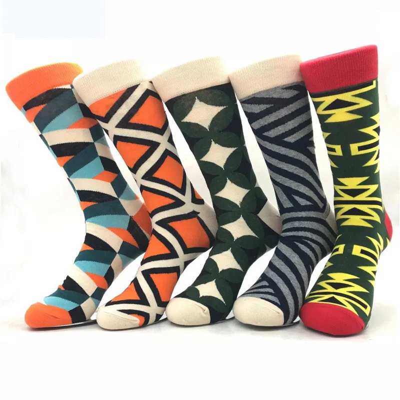 Factory direct foreign trade new men's contrast color geometric mid-tube cotton socks colorful plaid funny socks