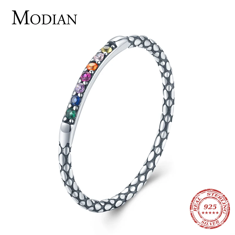 Modian 2021 New 925 Sterling Silver Colorful Rainbow Lucky Vintage Zircon Finger Ring For Women Sparkling CZ Jewelry Gift Bijoux