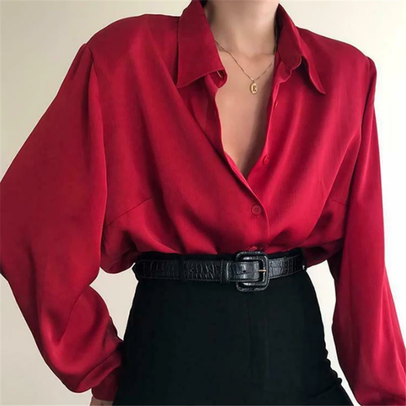 Hot Sale Fashion Autumn Women Blouse Shirt Lapel Long Sleeve Solid Black Red Ladies Blouse For Women Female Top Clothing New