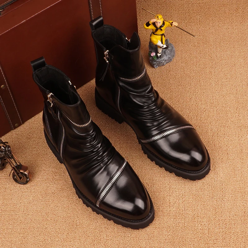 new design men luxury fashion stage nightclub dresses motorcycle boots black genuine leather shoes cowboy boot short botas mans