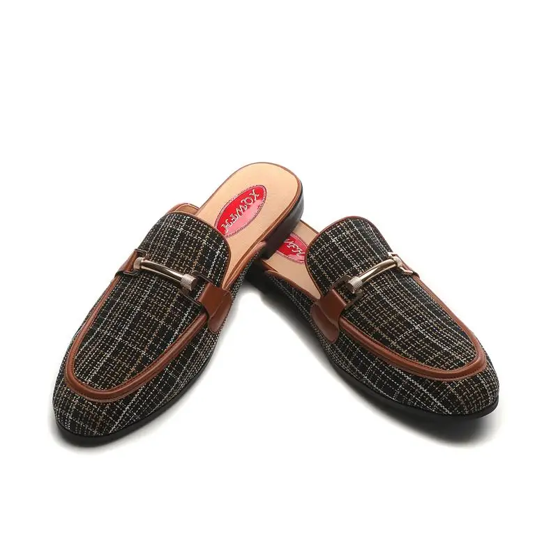 Gree cloth Loafers Men's Mules Slippers Backless Slip-On Flats sandals Handmade Party Casual Shoes