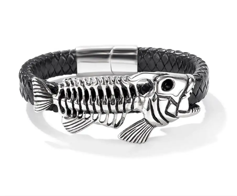 Stainless Steel  Gothic Fish Bone charms Bracelet With Leather Magnetic wriststrap 8.5 inch 43g weight Father Gifts