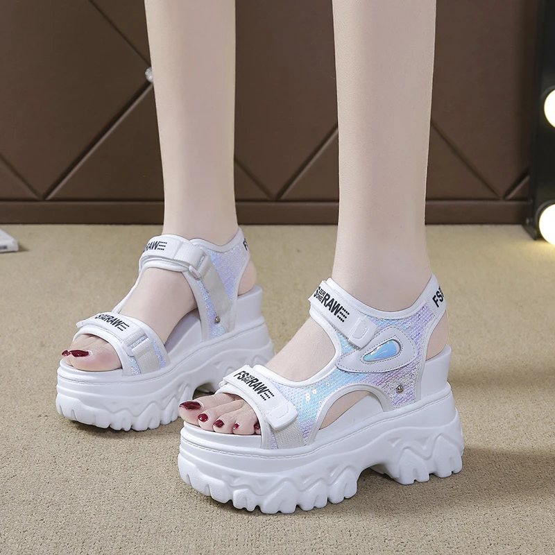 Women Chunky Sandals New Casual High Platform Slippers Wedge Sandalias Bling Outdoor Comfortable Sports Shoes Mujer Trainers 9cm