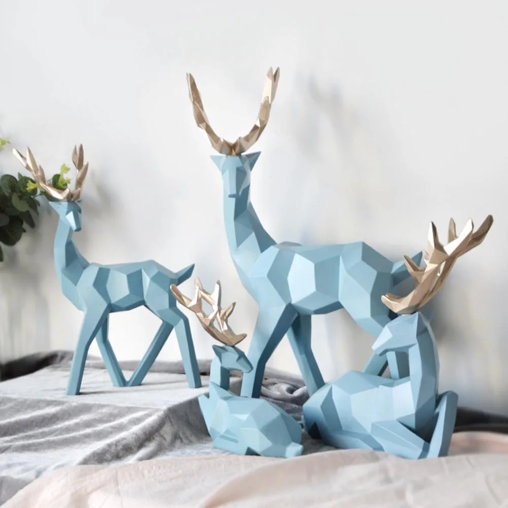 2Pc Deer Decor Statue Resin Sculpture Geometric Home Decor Nordic Statues Deer Figurines Modern Decoration Abstract Tabletop