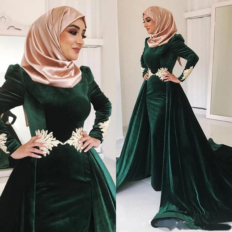 Eightae Muslim Evening Dress Green caftan Gold Appliques Long Sleeves Mermaid Velvet Arabic Kaftan Dubai Prom Party Gown