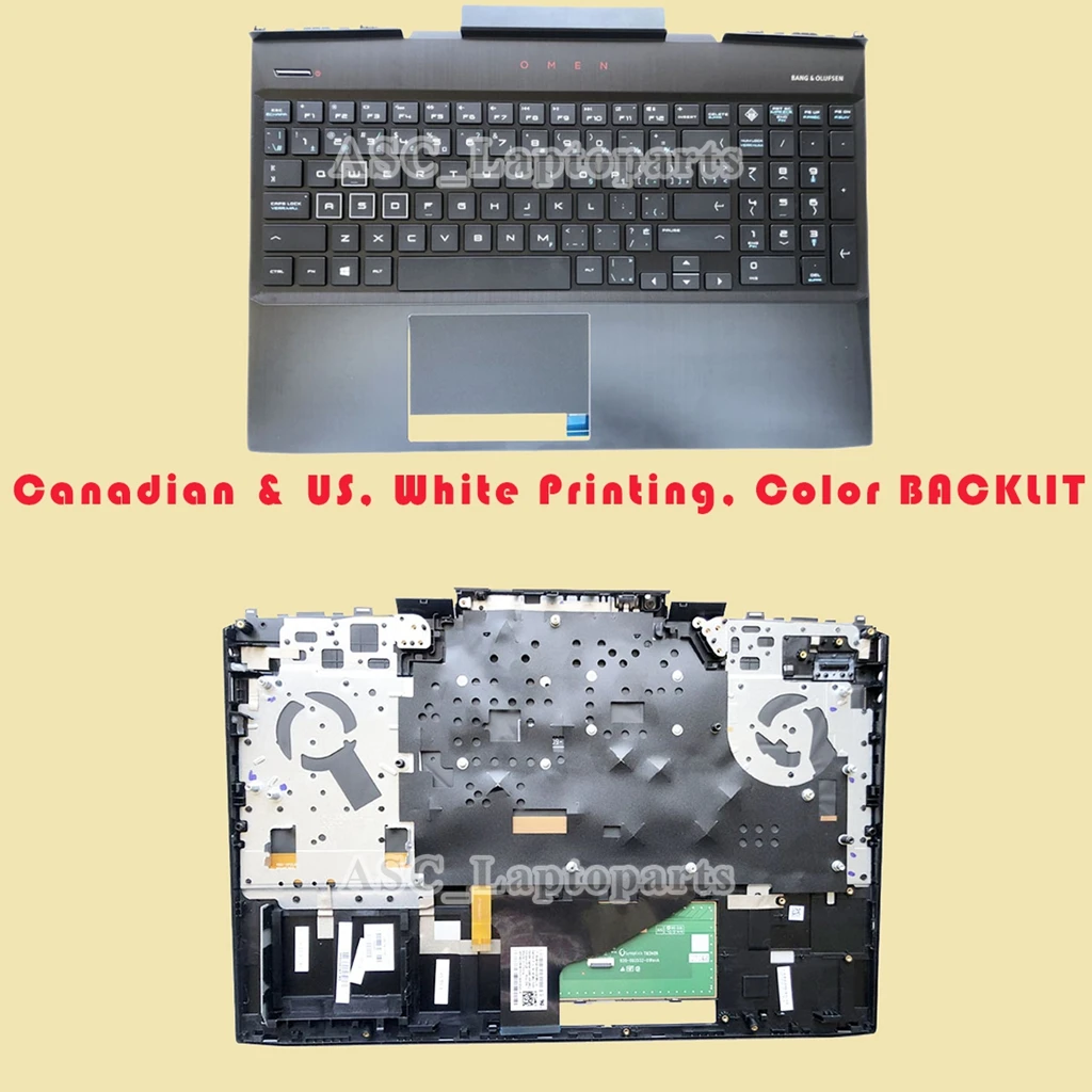 

New Canadian & US Keyboard For HP Omen 15-DC 15-DC0051NR 15-DC1058WM Series Palmrest Top Cover & Touchpad Black, Color BACKLIT