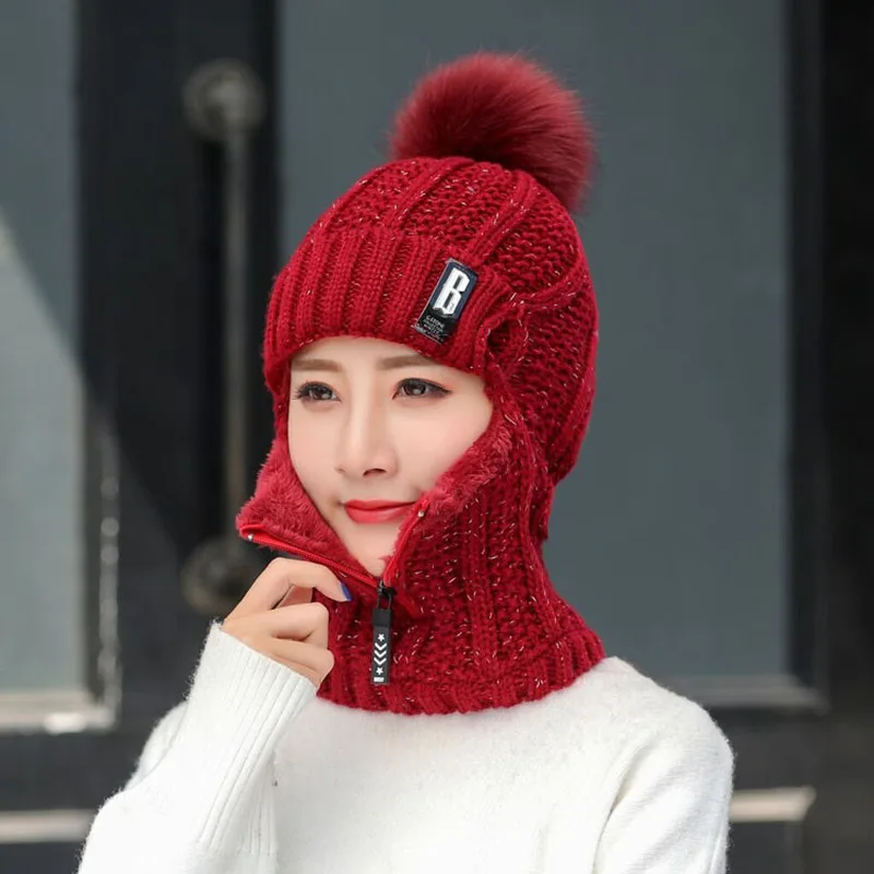 Women Wool Knitted Hat Ski Hat Sets For Female Windproof Winter Outdoor Knit Warm Thick Siamese Scarf Collar Warm Hat Girl Gift