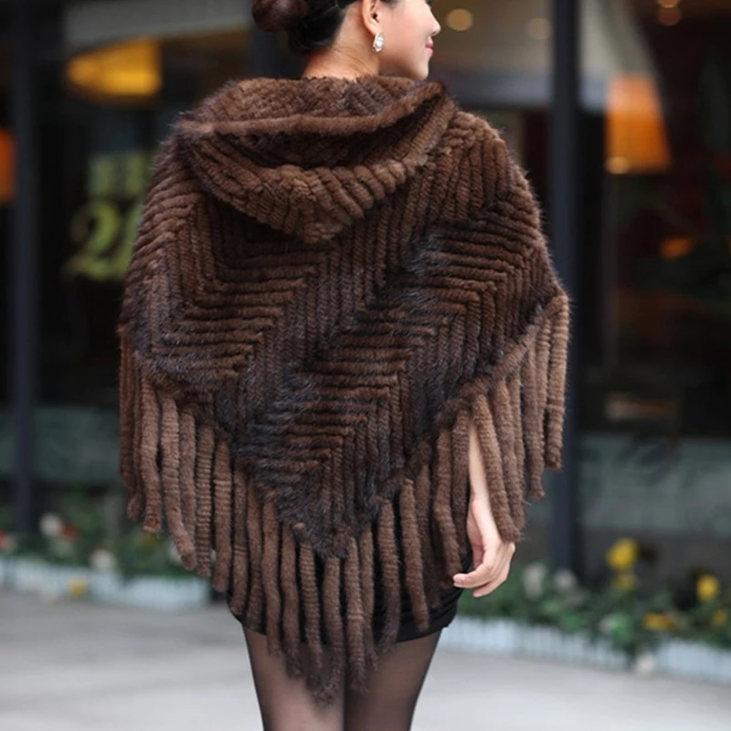 Autumn and winter fashion women fur cape knitted shawl real mink fur hooded cape