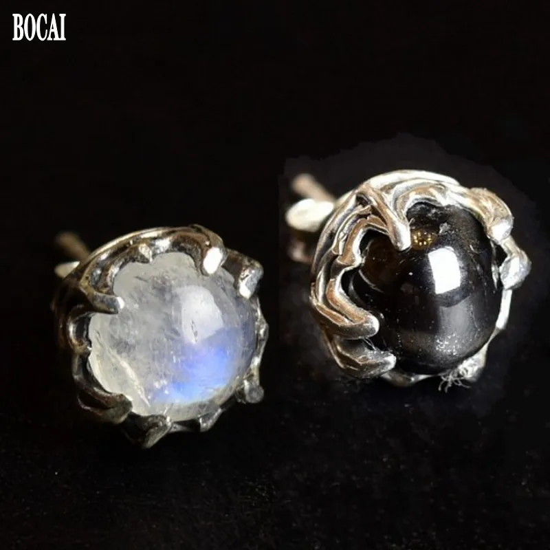 

100% real s925 pure silver claws set with natural moonstone starstone Thai silver earring for men and women