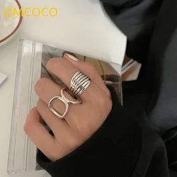 QMCOCO Silver Color Adjustable Ring Women Simple Hollow Round Multilayer Wide Chain Ring Geometric Punk Party Jewelry Gift