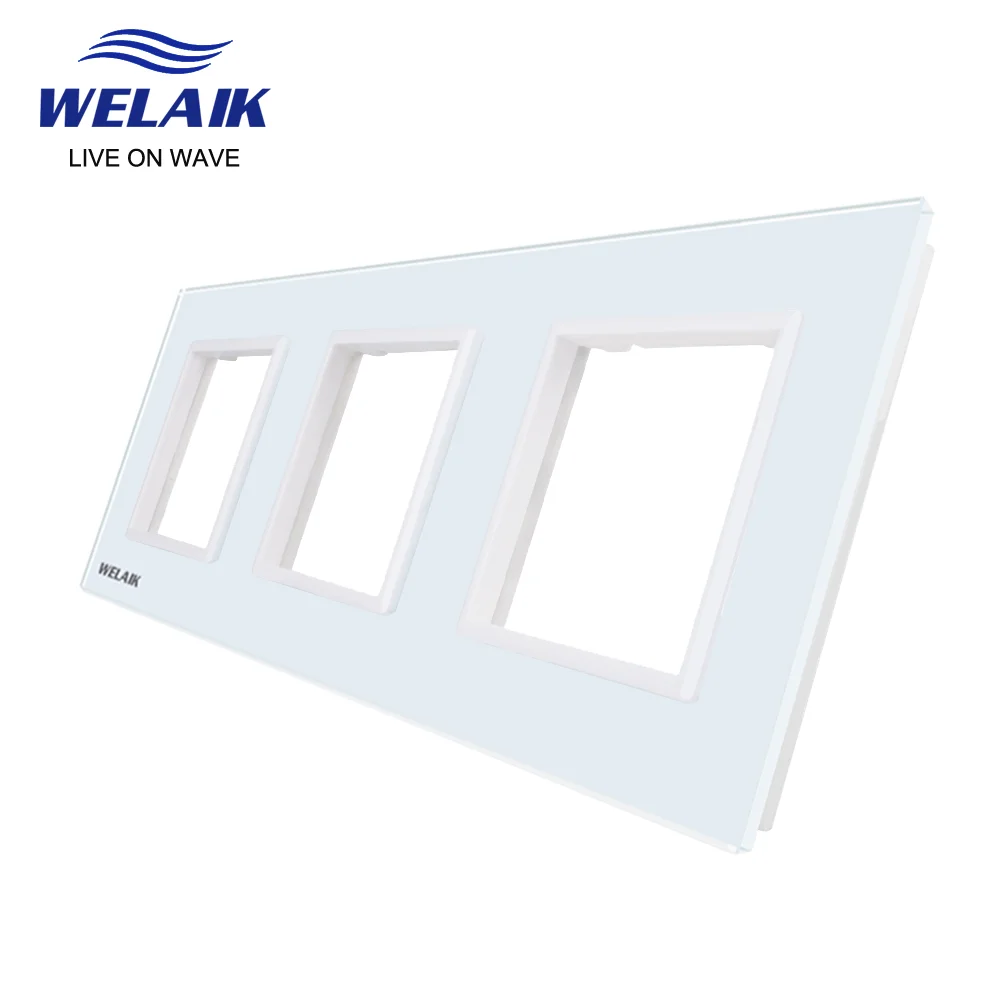 WELAIK  EU 3Frame 222*80mm White Wall Socket Outlet Square Hole Crystal Tempered Glass Panel Only DIY Parts  A3888W1