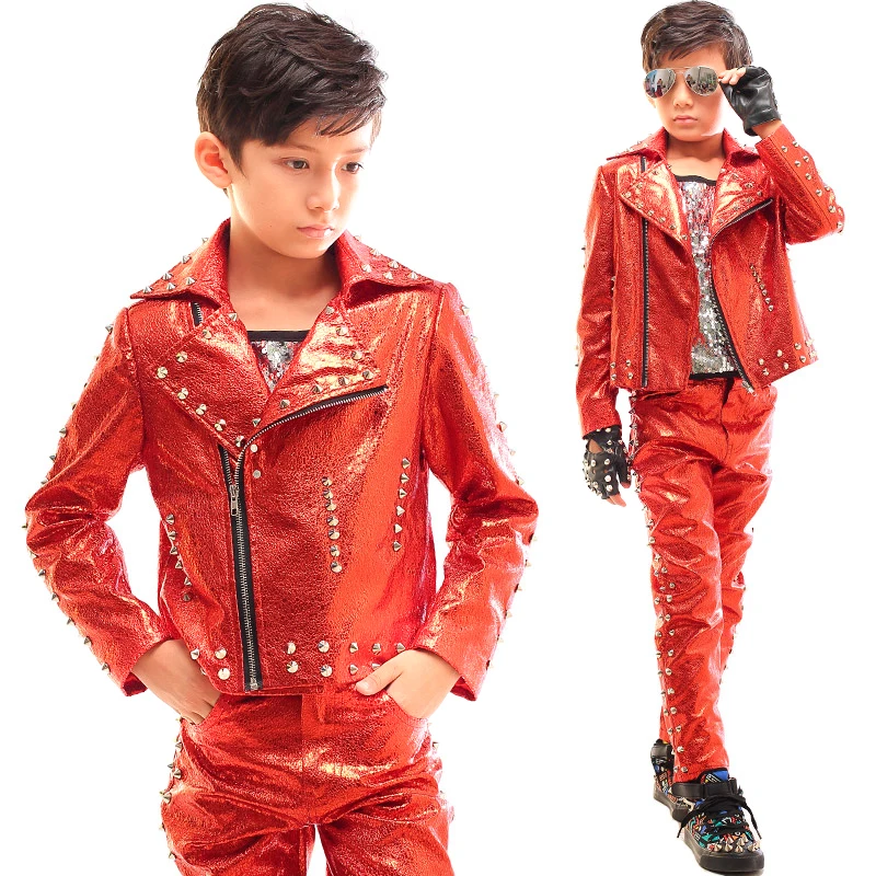 Jazz Dance Costume Boys Hip Hop Clothes Leather Rivet Jacket Pants Street Dance Performance Outfit Shining Stage Suit DNV14077