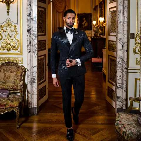 Glänsande Paljett Svart Herrkostym För Bröllop 2 Delar Set Anpassade Brudgum Smoking Slim Fit Herr Balkavaj Terno Masculino 10 best sales glänsande herrkostym - №2