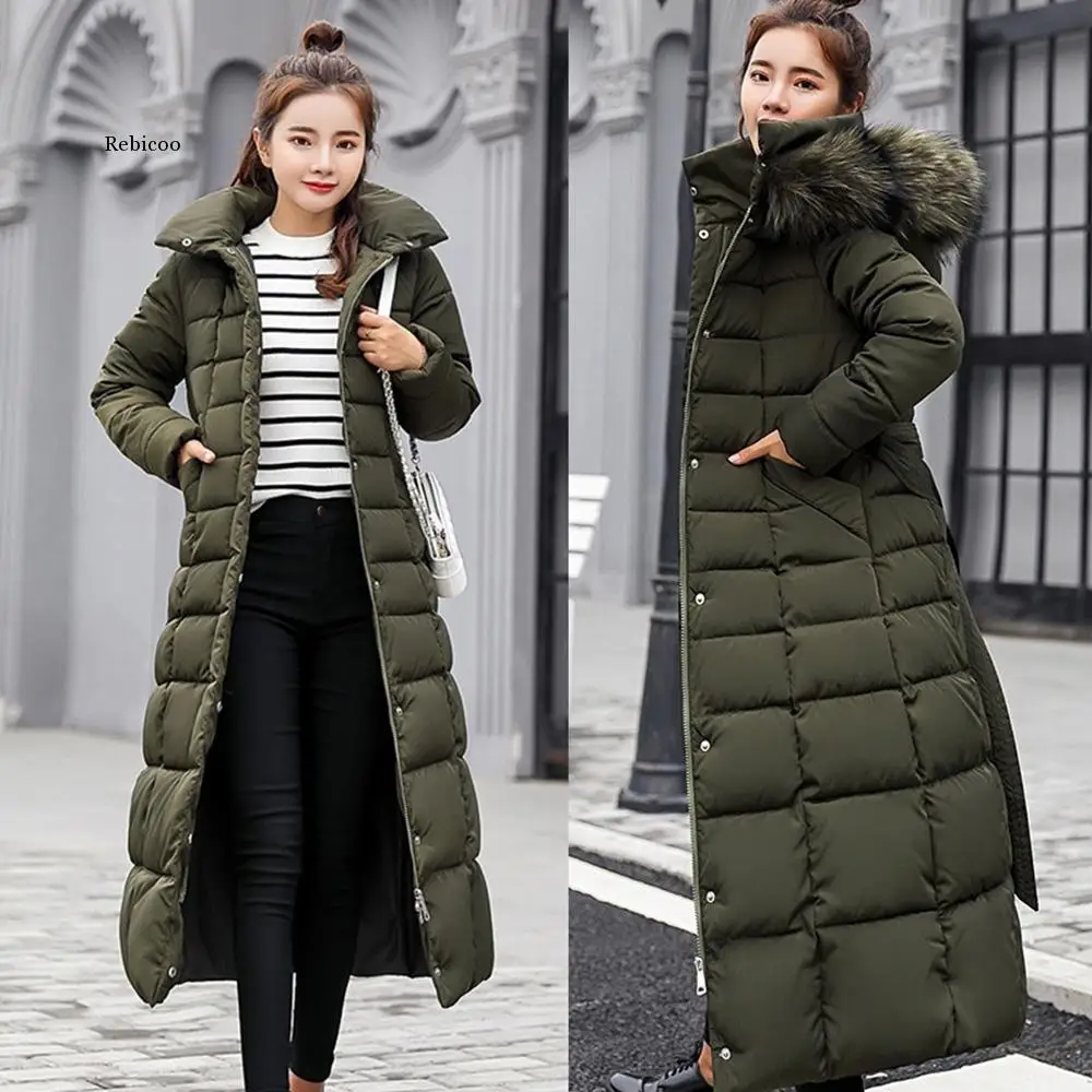 Fashion Winter Coat Women Jackets Thick Cotton Parkas Big Fur Belt Hooded Cotton Long Coats Warm Windbreaker Female Slim Outwear