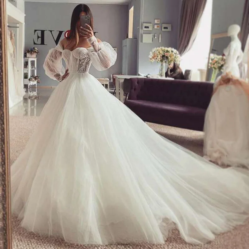 Princess Wedding Dresses 2021 Puff Long Sleeve Bride Dress Ball Gown Lace Vintage Wedding Gowns Corset Back Vestidos de Noiva