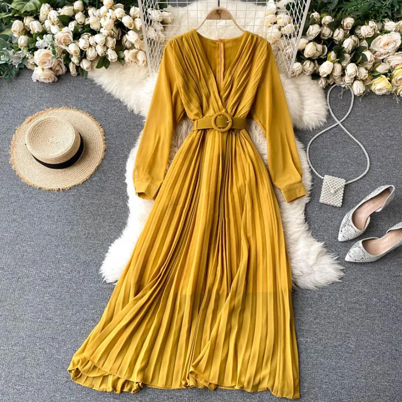 

Elegant V-neck Pleated Slim Solid Women Dress 2021 Spring Autumn Long Sleeve Bandage A-line Midi Dress Vintage Clothes