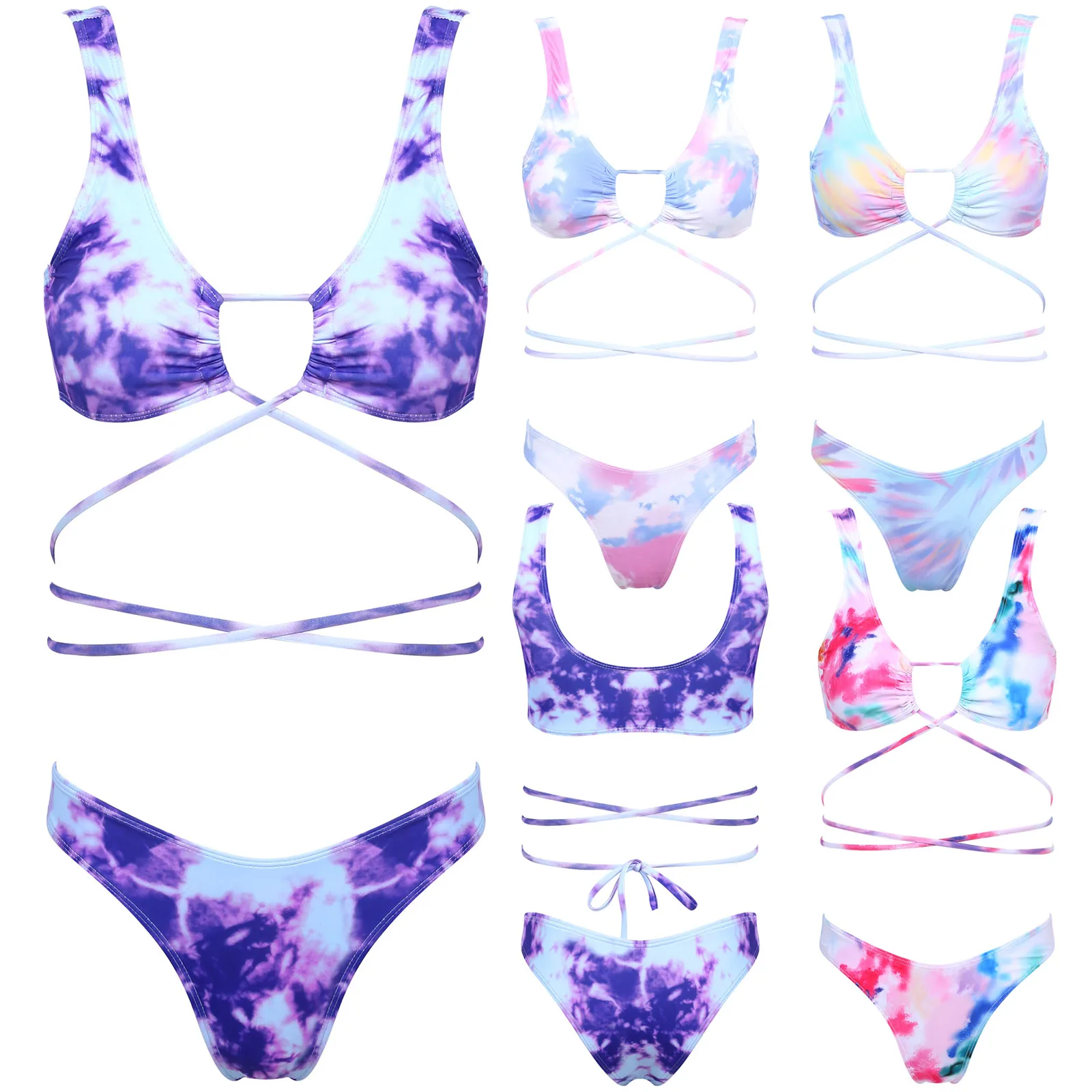 Woman Sexy Two Piece Swimsuits 2021 Tie Dye Padded Lace Up High Waist Thong Bikini Triangle Set Swimwear Bathing Suit for Women