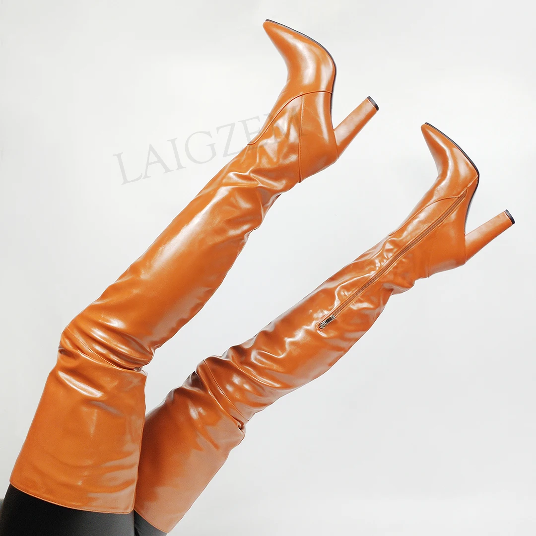 LAIGZEM Women Thigh High Boots Side Zipper Chunky Heels Boots Donne Stivali Thigh High Boots Frauen Stiefel Big Size 37 44 46 47