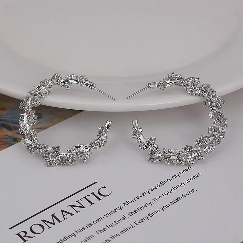 European and American hot sale exaggerated irregular geometric spiny rose leaf circle earrings simple personality hipster style