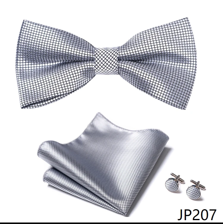 Great Quality Silver Office Butterfly Hanky Cufflink Set Bowtie For Men Geometric Hombre Formal Clothing