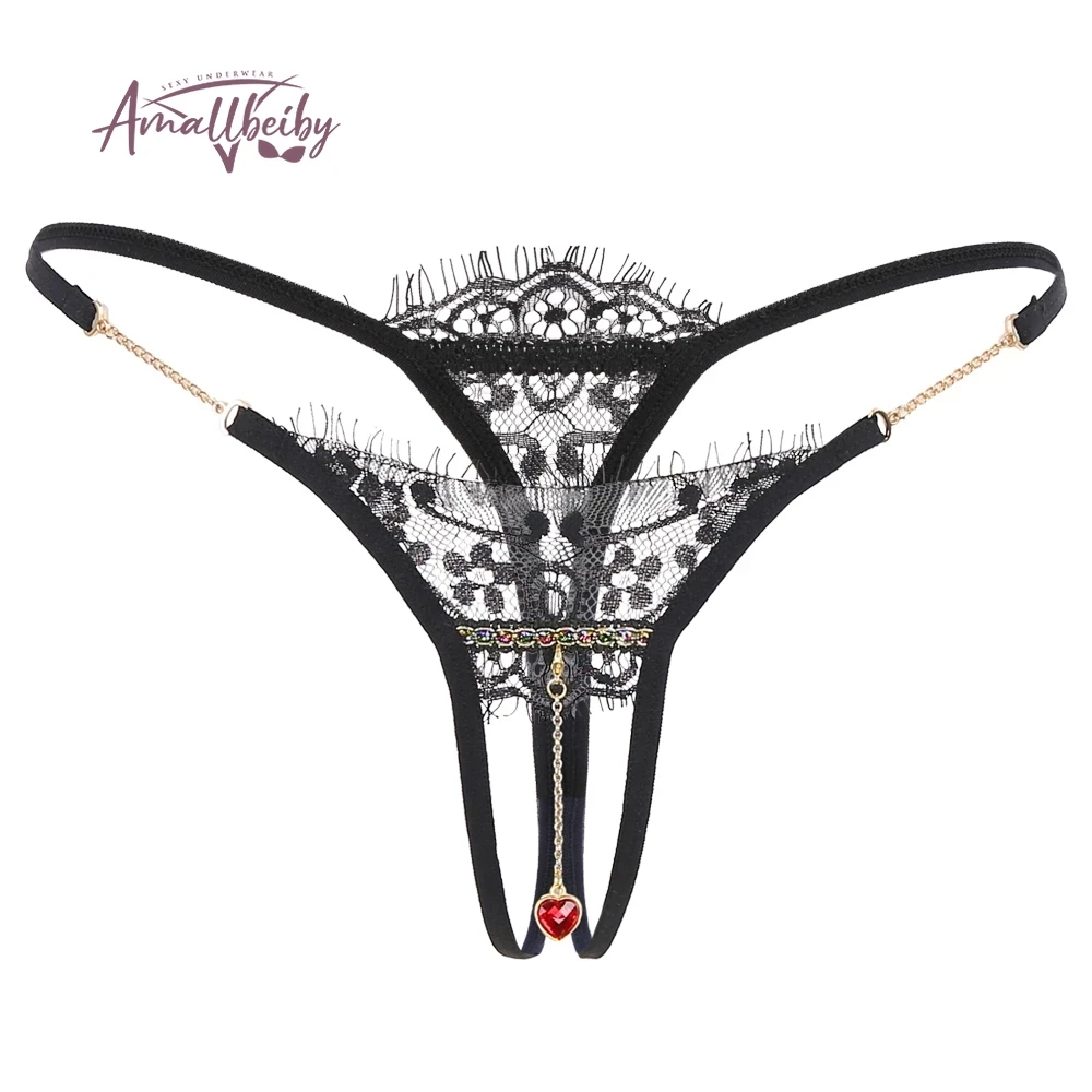 Pearl Pendant Open Thongs Women Underwear Crotchless Embroidery G String Tanga Briefs Lace Transparent Sexy Lingerie