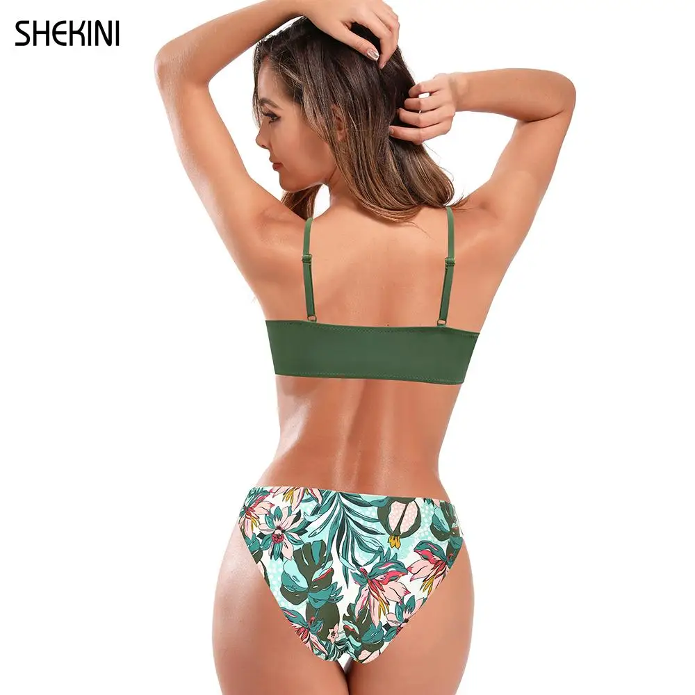 SHEKINI Women\'s Tie Knot Front Two Piece Swimsuit Low Waist Bikini Set V-Neck Swimwear Summer Cute Bathing suits