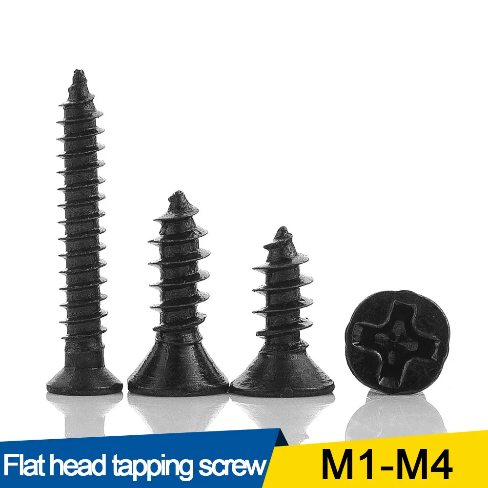 50/100pcs Cross Countersunk Flat Head Self-tapping Screw M1 M1.2 M1.4 M1.5 M2 M2.6 M3 M3.5 M4 Black Carbon Steel Phillips Screw