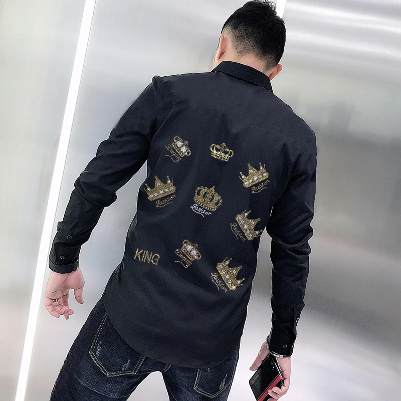 

Fall Slim Rhinestone Style Crown Long Sleeve Spring Men's Business Lapel T-Shirt Hot Diamond Design Tops