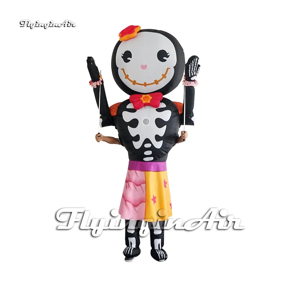 

Outdoor Halloween Parade Performance Cute Inflatable Skull Gril Costume Blow Up Skeleton Elf Suit Zombie Dress With A Skirt