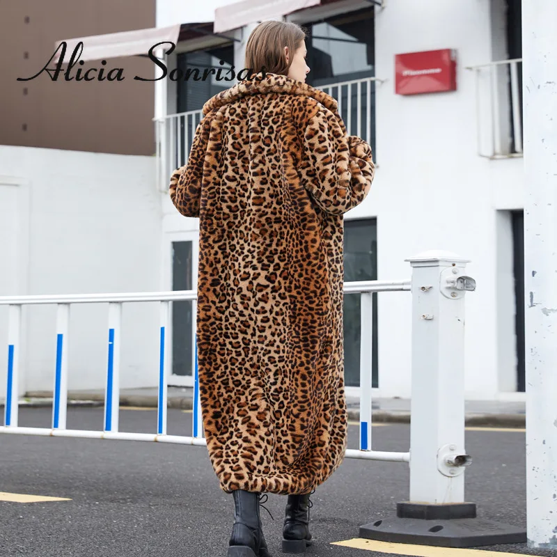 2022 Winter Women\'s Faux Fur Leopard Print Rabbit Tailored Collar Warm Thick X-Long Coat Long Sleeve Hipster Jacket Feminino