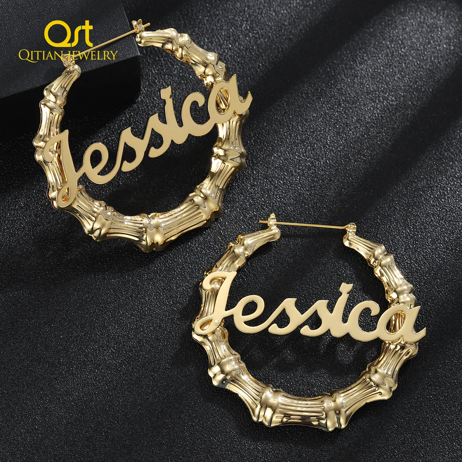 

30mm-100mm Custom Bamboo Hoop Earrings Customize Name Earrings Bamboo Style Personality Earring With Statement Words Hiphop Sexy