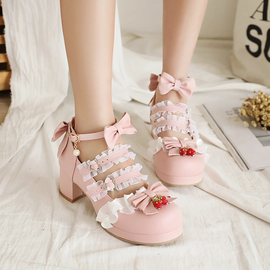 Chunky Platform Girls Lolita Shoes Mid Heel Round Toe Bows Students Princess Sexy Nightclub Cosplay Party Korean British Style