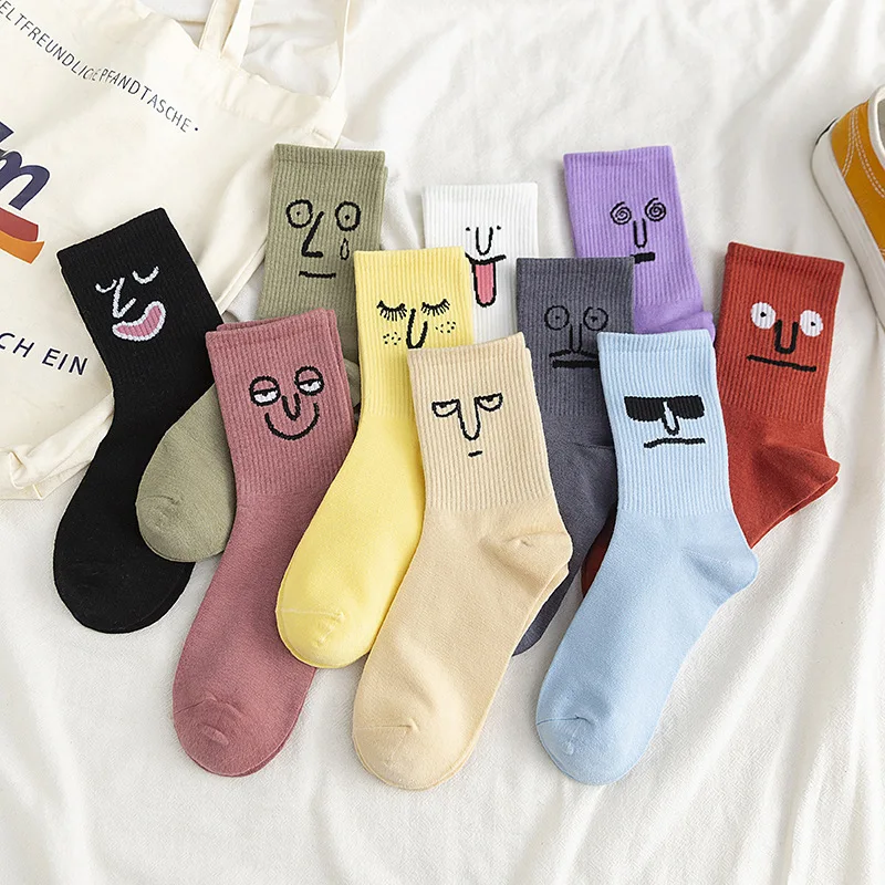 

5 Pair Funny Expression Socks Women Jacquard Personality Cotton Men's Socks Hip-pop Happy Fun Unisex Crew Calcetines Short Sock