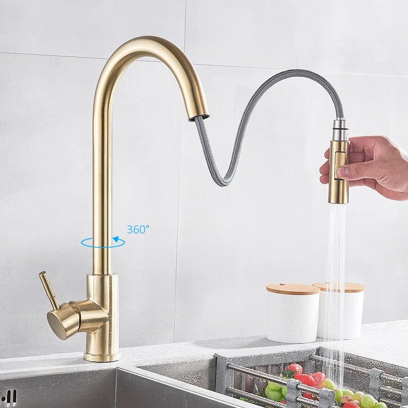 

304 Gold Kitchen Faucet Pull Out Kitchen Sink Water Tap Single Handle Mixer Tap 360 Rotation Kitchen Shower Faucet